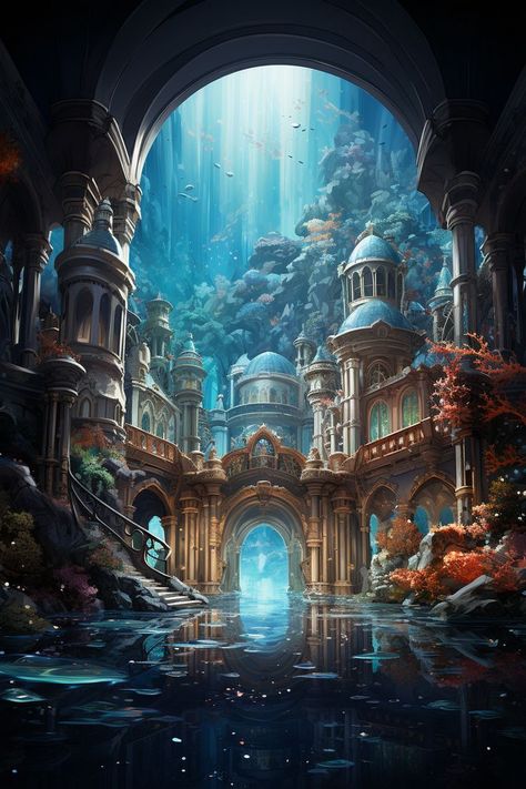 Fantasy Landscape Art, Glass Architecture, Apocalypse Landscape, Landscape Digital Art, Art Underwater, Art Niche, Lost City Of Atlantis, Fantasy Wallpaper, Sunken City