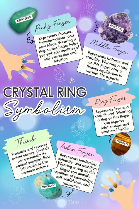 Discover the powerful symbolism behind wearing crystal rings with this detailed infographic from Rocks with Sass. Learn how different crystals can enhance your personal energy and intentions depending on their placement. Whether it's a Quartz ring for clarity on your index finger or a Lapis Lazuli for wisdom on your thumb, find out how to optimize your crystal energy. Pin this guide for reference and explore our collection for the perfect ring. #CrystalRings #JewelrySymbolism #EnergyHealing Ring Placement Meaning, Ring Placement, Wearing Crystals, Ring Symbolism, Crystal Witch, Witch Tips, Eclectic Witch, Personal Energy, Crystal Energy