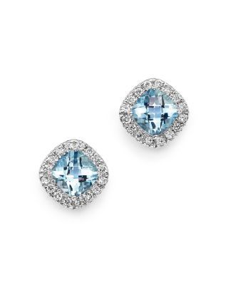 BLOOMINGDALE'S AQUAMARINE CUSHION CUT AND DIAMOND STUD EARRINGS IN 14K WHITE GOLD - 100% EXCLUSIVE. #bloomingdales # Aquamarine Jewelry Earrings, Dazzling Earrings, Knot Stud Earrings, Cushion Cut Ring, Tourmaline Jewelry, Mini Hoop Earrings, Aquamarine Jewelry, Cushion Cut Diamonds, Exclusive Jewelry