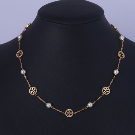 Tory Burch Gold Miller Pave Pearl Necklace Pearl Necklace With Diamond, Tory Burch Necklace, Classy Feminine, Green Charms, Necklace With Diamond, Pave Necklace, Stone Statement Necklace, Double Necklace, Tory Burch Jewelry