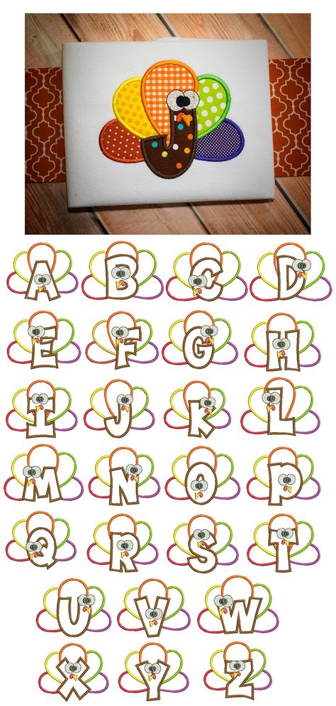 Turkey Applique Alphabet Thanksgiving Fonts Alphabet, Turkey Applique Pattern Free, Thanksgiving Applique Designs, Thanksgiving Fonts, Turkey Applique, Applique Alphabet, Appliqué Designs, Applique Fonts, Designs By Juju