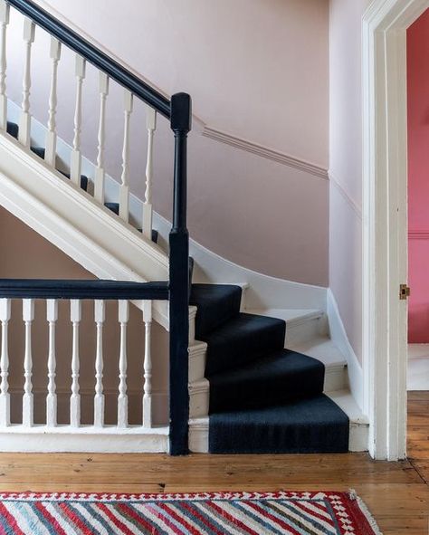 Kate Guinness, Sinclair Till, White Banister, Painted Banister, Stair Banister, Hague Blue, Stair Rods, Newel Posts, Paint Matching