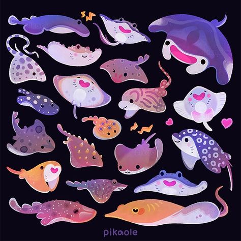 @pikaole on Instagram: “🌊Ray day 1/2🌊 . . There are more than 600 species of #Rays, and they are threatened by overfishing. Reducing seafood consumption will help!…” Stingray Character Design, Kawaii Stingray, Spotted Eagle Ray Illustration, Puffer Fish Illustration Cute, Manta Ray Art, Rainbow Fish Illustration, Sea Creatures Art, Manta Ray, Cute Doodle Art