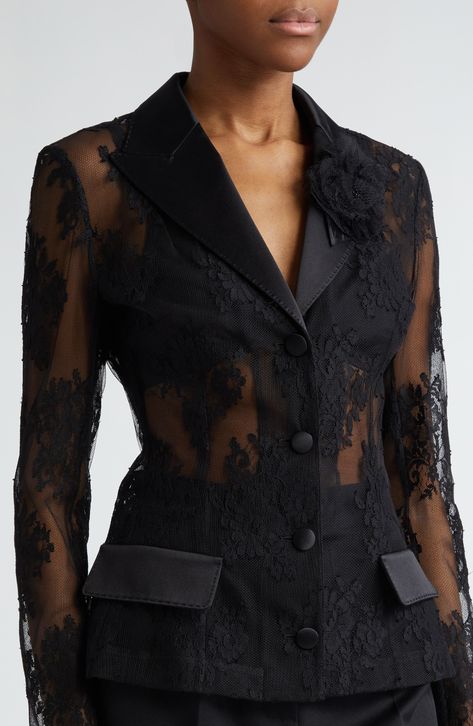 D&G turn back the clock to (their) iconic looks of eras past and apply a fresh and even more sensual veneer to styles such as this runway-featured lace jacket. The sheer floral-lace style is framed by impeccably tailored duchesse-satin lapels with pickstitching that are graced with a tonal lace-flower boutonniere. Front button closure Peaked lapels Decorative pocket flaps Sheer 70% cotton, 22% nylon, 6% silk, 2% polyester Dry clean Made in Italy Designer Clothing Lace Blazer Jacket, Black Lace Jacket, Fashion Design Classes, Lace Suit, Lace Coat, Sheer Jacket, Iconic Looks, Designer Clothing Brands, Lace Blazer