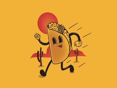 Retro Taco Illustration, Taco Character, Taco Illustration, Taco Art, Taco Logo, Taco Cartoon, Taco Drawing, Create Cartoon Character, Mexican Graphic Design