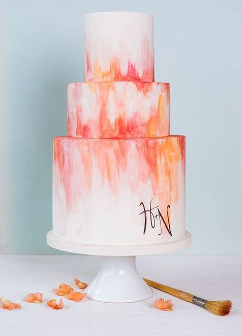 amazing ombre coral painted wedding cakes Watercolor Wedding Cake, Torte Creative, Painted Wedding Cake, Torte Cupcake, Watercolor Cake, Pink Wedding Cake, Cake Trends, Painted Cakes, Wedding Cake Inspiration