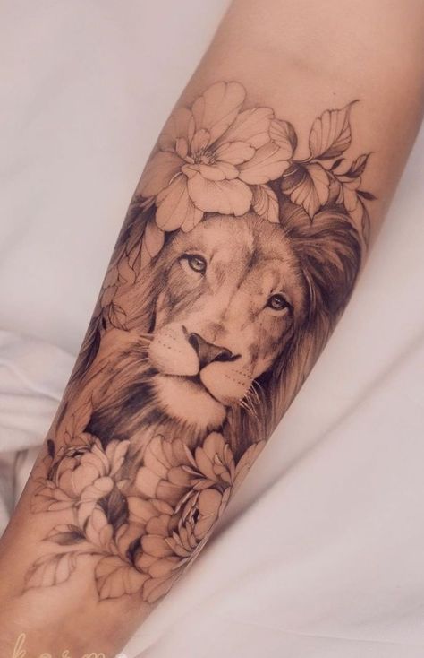 Mosaic Lion Tattoo, Lion Tattoo With Flowers, Female Lion Tattoo, Lion Forearm Tattoos, Lioness Tattoo, Lion Tattoo Sleeves, Girl Arm Tattoos, Leo Tattoos, Hip Tattoos Women