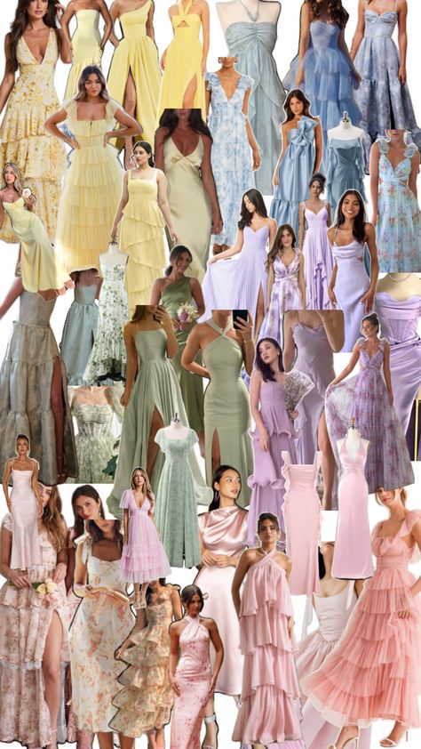 Bridesmaids In Pastel Colors, Pastel Colors Wedding Guests, Different Pastel Bridesmaid Dresses, Pink Yellow Bridesmaid Dresses, Spring Dress Wedding Guest, Pastel Wedding Theme Color Schemes Bridesmaid Dresses, Pastel Wedding Dress Guest, Pastel Rainbow Bridesmaid Dresses, Pastel Bridesmaid Dress