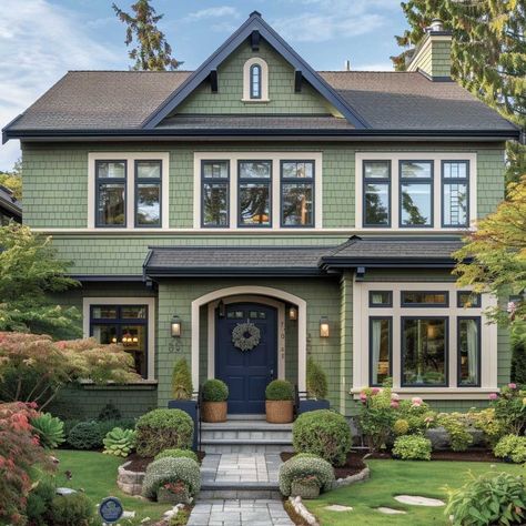 Green Painted Exterior House, Light Green Exterior House Colors, Best House Paint Colors, Green Home Exterior, Garage Adu, Green House Color, Home Exterior Colors Schemes, Craftsman House Exterior, Sage Green House