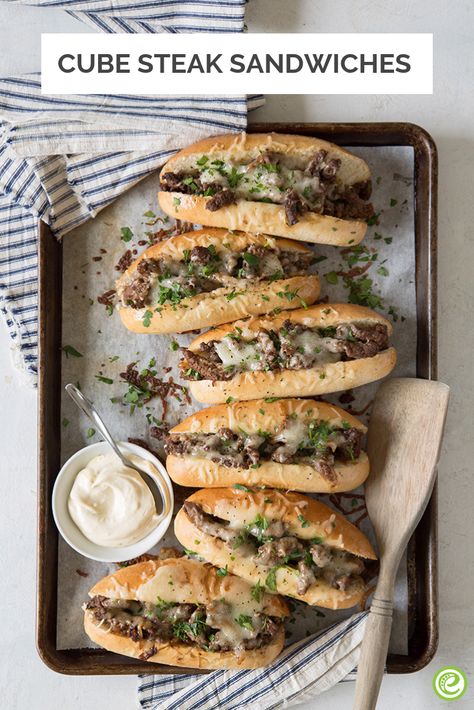 Cube Steak Sandwiches | eMeals.com Beef Cube Steak Sandwich Recipes, Cube Steak Sandwiches, Philly Cheese Steak Cubed Steak, Smothered Philly Cheese Cube Steak, Things To Do With Cube Steak, Minute Steak Sandwiches, Recipes For Chopped Steak, Cubed Roast Recipes, Cubed Steak Sandwich