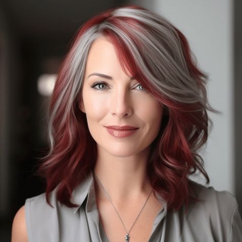 72 Gorgeous Red Hair Color Ideas Trending in 2023 Red And Silver Hair Color Ideas, Red Haircut Ideas, Grey Hair With Red Highlights, Red To Gray Hair Transition, Grey And Red Hair, Red Hair With Silver Highlights, Red Hair Going Grey, Hair Color Ideas Trendy, Gorgeous Red Hair