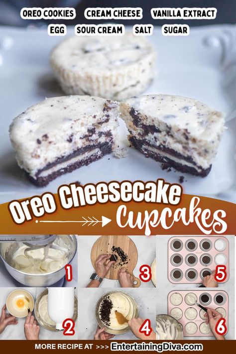 Made with Oreo cookies, cream cheese and sour cream, this oreo cheesecake cupcakes recipe is so easy to make! Even better? The crust couldn't be simpler. It's made from a whole Oreo! Oreo Bottom Cheesecake, Diy Dessert Recipes, Party Food Summer, Oreo Cheesecake Cupcakes, Party Food Ideas For Adults, Party Food Dips, Cookies Cream Cheese, Cheesecake Cupcakes Recipe, Summer Party Food