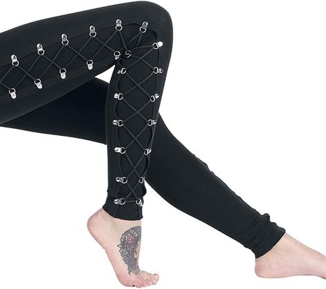 Bandage Leggings, Punk Style Women, Skull Purse, Lace Up Leggings, Amazon Women, Office Ladies, Punk Fashion, Casual Fall, Black Satin