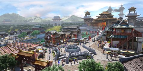 Ancient Chinese City, Fantasy Structures, Fantasy Planets, 2d Background, Cardboard Costume, Chinese City, China City, China Map, Western Sahara