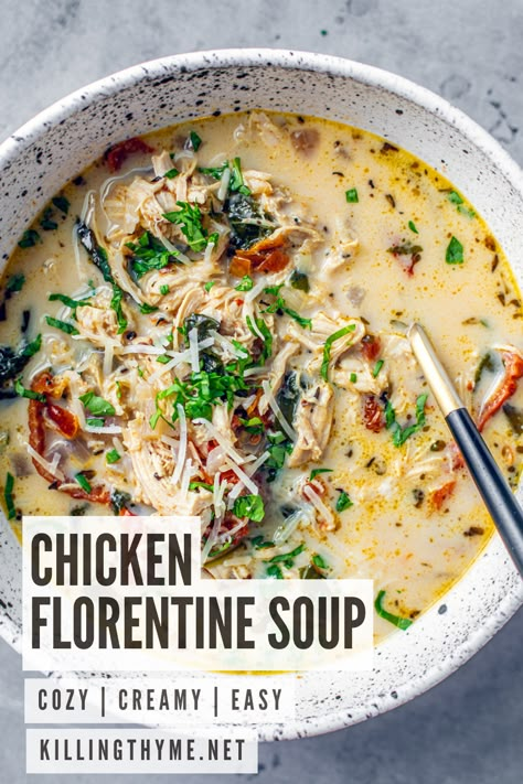 Thought you knew Chicken Florentine? Think again. We're giving this classic French entrée an irresistible makeover by transforming it into a comforting soup! Loaded with chicken, spinach, garlic, and a creamy sauce, this is a soup recipe that will rock your taste buds. Shake up your dinner menu with this sumptuous soup! #ChickenFlorentine #SoupMakeover #CreativeCooking No Carb Chicken Soup, Spinach Chicken Soup Recipes, Soups With Chicken Thighs, Soups Recipes With Chicken, Soups With Spinach Recipes, French Garlic Soup, Whole Chicken Soup Recipes, French Soup Recipes, Creamy Chicken Soup Recipes