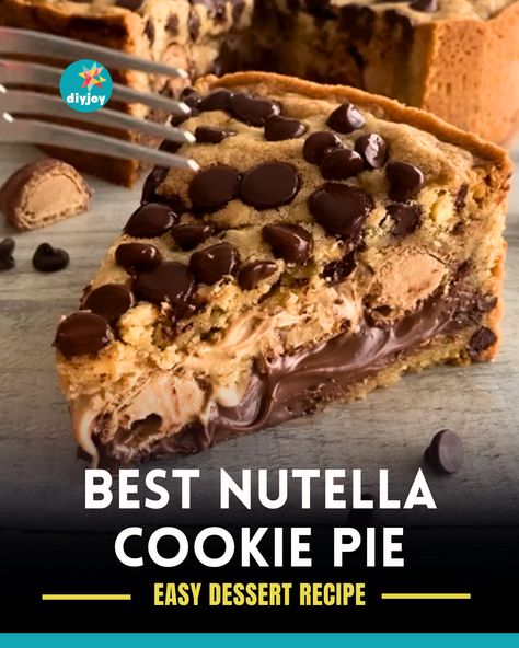 Craving some Nutella and cookies? Satisfy your cravings with this yummy Nutella cookie pie! Find the ingredients here. Chocolate Chip Nutella Pie, Cookie Nutella Pie, Nutella Cookie Pie Recipe, Nutella Cream Pie, Nutella Cookie Cake, Nutella Pie Recipes, Nutella Stuffed Cookie Pie, Nutella Dessert Recipe, Nutella Cookie Pie