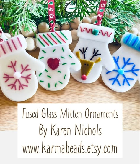 Fused Glass Ideas For Beginners Projects, Glass Fusing Projects For Beginners, Fused Glass Ideas For Beginners, Ludington Michigan, Paw Print Ornament, Mitten Ornaments, Fused Glass Christmas, Glass Fusion Ideas, Glass Christmas Decorations