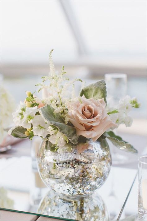 Clear round vase is perfect.                                                                                                                                                                                 More Mercury Glass Centerpiece, Brunch Decor, Tafel Decor, Spring Centerpiece, Round Vase, Glass Centerpieces, Deco Floral, Wedding Table Centerpieces, Table Arrangements