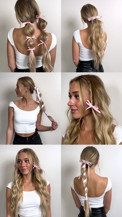 Now In Hair, Bows Outfit Aesthetic, Pink Bows In Hair, Hair Inspo With Bow, Bow Hair Styling, Long Hairstyles With Bows, Little Bows In Hair, Hairstyles With Pink Ribbon, Bows On Hair