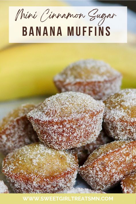 Mini Banana Bread Muffins, Banana Muffins Mini, Mini Muffins Banana, Cinnamon Banana Muffins, Banana Bread Mini Muffins, Banana Mini Muffins, Banana Cinnamon Muffins, Muffin Pan Recipes, Mini Muffin Recipe