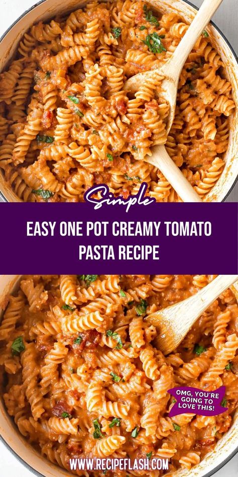 Whip up this Easy One Pot Creamy Tomato Pasta Recipe for a flavorful, comforting meal in no time! The creamy tomato sauce envelops every bite of pasta, making it a family favorite. Simple and satisfying, this recipe is a fantastic choice for your Pasta Recipes board! Canned Tomato Pasta Recipe, Pasta Sauce Recipes Using Fresh Tomatoes, Easy One Pan Pasta, Easy Dinner Recipes Not Pasta, Pasta Recipes Tomato Sauce, No Meat Pasta Recipes, Pasta Recipes No Meat, Recipes With Tomato Sauce, Tomato Alfredo Pasta