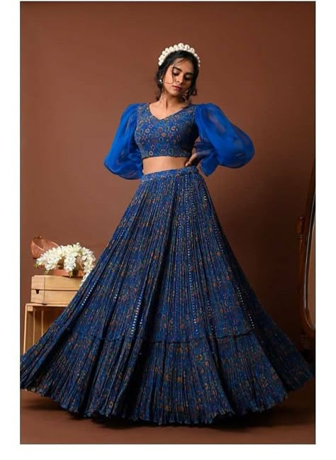 Latest Lengha Choli Design, Blue Lengha, Sleeves Kurti, Long Gown Design, Indian Outfits Lehenga, Lehenga Designs Simple, Blue Lehenga, Indian Dresses Traditional, Indian Gowns Dresses