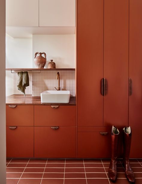 Timber Bathroom Vanities, Kitchen Bookshelf, Glossy Kitchen, Monochrome Bathroom, Walnut Timber, Terracotta Floor, Laundry Design, Timber Mouldings, Splashback Tiles