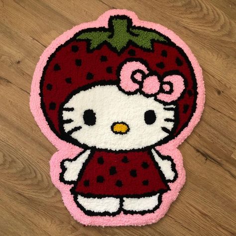 Punch Needle Hello Kitty, Hello Kitty Tufted Rug, Hello Kitty Carpet, Sanrio Rug, Rugs In Bedroom Aesthetic, Strawberry Rug, Rug Tufting Ideas, Hello Kitty Rug, Strawberry Hello Kitty