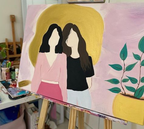 Best Friend Painting Ideas Easy, Canvas Painting Ideas With Bestie, Friendship Acrylic Painting, Small Canvas Art Friendship, Best Friend Acrylic Painting, Bff Painting, Best Friend Painting Ideas, Best Friend Painting, Long Distance Friendship Painting