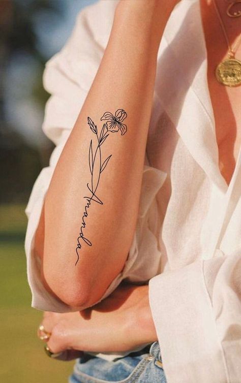 Custom Name Extended Stem Birth Flower Birth Flower Gift Tattoo Comission SVG Floral Name Design - Etsy Side Forearm Tattoos For Women, Daughters Name Tattoo, Name Flower Tattoo, Name Tattoos On Arm, Baby Name Tattoos, M Tattoos, Small Forearm Tattoos, Tattoos With Kids Names, Wildflower Tattoo