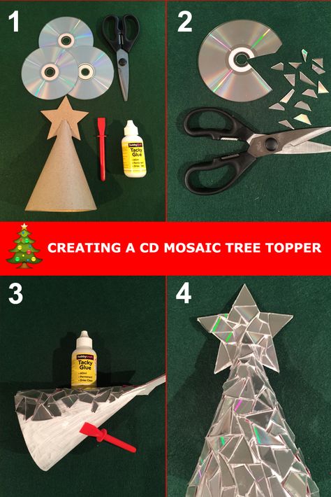 Make your Christmas tree sparkle by creating a CD mosaic Christmas tree topper. Step by step guide for upcycling old CDs into Christmas decorations. #christmas #decorations #tree #topper Christmas Decorations From Recyclables, Recyclable Christmas Decorations, Recycled Xmas Decorations, Recycled Christmas Tree Decorations, Recycling Christmas Decorations, Cd Christmas Crafts, Christmas Recycled Decorations, Recycle Christmas Decorations, Recycled Christmas Tree Ideas