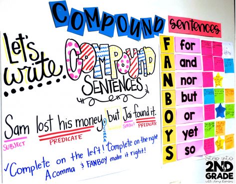 Compound Sentences - Step into 2nd Grade Simple Compound And Complex Sentences Anchor Chart, Subject And Predicate Anchor Chart, Compound Sentence, Sentence Anchor Chart, Simple And Compound Sentences, Amy Lemons, Mentor Sentences, Sentence Activities, Compound Sentences