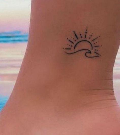 Small Sunset Tattoos For Women, Summer Matching Tattoos, Sun Sand Sea Tattoo, Heart Wave Sun Tattoo, Sun And Water Tattoo Simple, Small Beach Tattoos For Women Simple, Girls Trip Tattoo Ideas, Cute Beach Tattoo, Beach Girl Tattoo