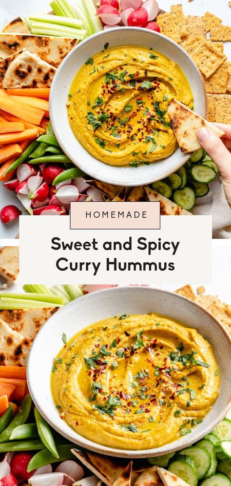 Sweet and spicy curry hummus filled with wonderful, warm spices for a flavorful dip or spread you'll absolutely love! This delicious curry hummus recipe is easy to make and might just be your new go-to hummus flavor. #hummus #vegan #vegansnack #healthysnack #curry Flavored Hummus Recipe Homemade, Spicy Hummus Recipe Homemade, The Best Hummus Recipe, Flavored Hummus Recipe, Curry Appetizer, Curry Hummus Recipe, Hummus Ideas, Flavored Hummus, Vegan Hummus Recipe