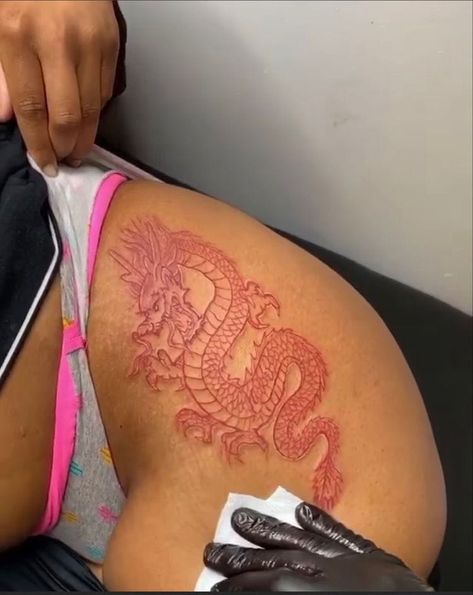 Red Ink Dragon Tattoo Thigh, Red Dragon Hip Tattoo, Red Dragon Leg Tattoo, Red Ink Thigh Tattoo, Red Dragon Tattoo Thigh, Red Dragon Thigh Tattoo, Red Thigh Tattoo, Red Tatooes, Dragon Tattoo Hip