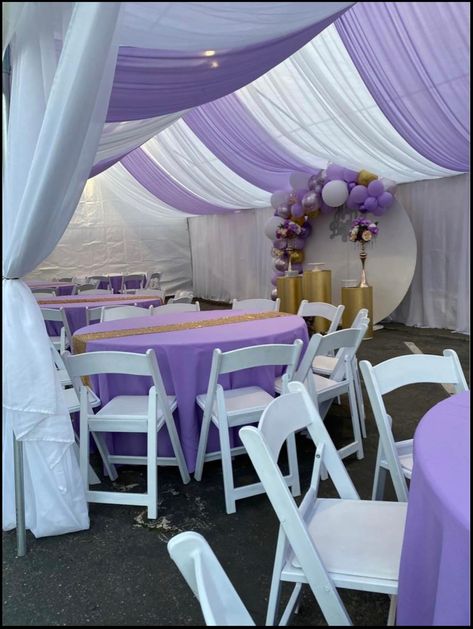 Purple Backyard Party, Lilac Gold And White Party, Light Purple And Gold Quinceanera Ideas, Lavender And Gold Graduation Party, Lavender And Gold Sweet 16, Lavender Birthday Theme, Lavendar Birthday Party, Quince Ideas Decoration, Lavender Graduation Party