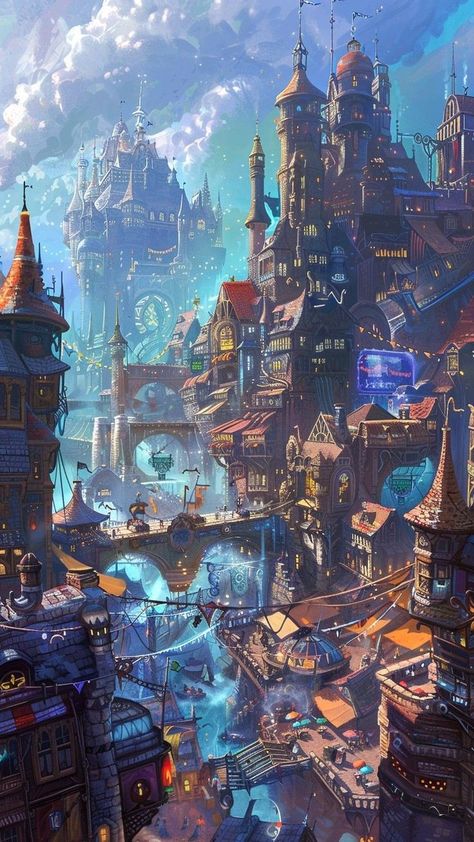 Fantasy Bridge City, Magepunk City, Fantasy Technology City, Fantasy Mountain City Concept Art, Machine World Concept Art, Steampunk Futuristic City, Fantasy Industrial City, High Fantasy City Concept Art, Castle City Fantasy Art