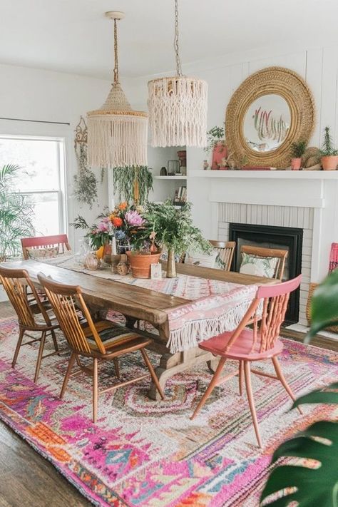 "Create a free-spirited space with a Boho Style Dining Room! 🍽️🌿 Perfect for adding layers, textures, and eclectic vibes. 🌟✨ #BohoDiningRoom #BohemianDecor #HomeInspiration" Boho Chic Dining Table, Colorful Eclectic Dining Room, Colorful Boho Dining Room, Apartment Table And Chairs, Funky Farmhouse Decor, Dark Boho Dining Room, Eclectic Kitchen Table, Faux Mudroom, Boho House Design