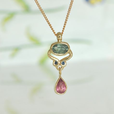 "14k solid gold necklace. Oval green Tourmaline, blue Sapphire and pink Tourmaline Teardrop, 3 colors stones dangle pendant. This unique gold necklace is handmade by me. The pendant is small and delicate and yet, visible and tend attention. It is an everyday gold necklace that you can wear with every style. It a perfect as a love birthday gift. ** 14k Solid Gold ** Pink Tourmaline ** 2 Small Blue Sapphires 1.3 m\"m ** Oval light Green Tourmaline 6*4 m\"m This pendant can be a beautiful set with Oval Stone Necklace, Small Pendant Design, Gem Stone Pendant, Fine Gold Necklace, Solid Gold Necklace, Tourmaline Pendant, Girly Jewelry, Gift For Wife, Jewelry Inspo