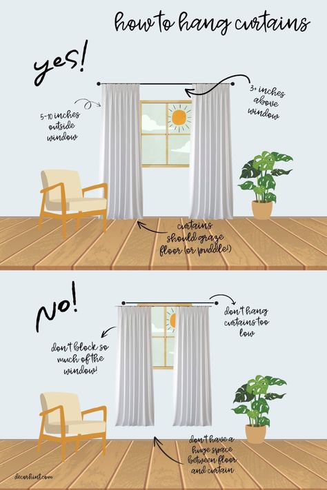 Decor Hint: How to Hang Curtains Like a Designer - Decor Hint How To Hang Curtains, Installing Curtain Rods, High Curtains, Hang Curtains, Water Curtain, Window Curtains Living Room, Buy Curtains, Pinch Pleat Curtains, Diy Craft Ideas