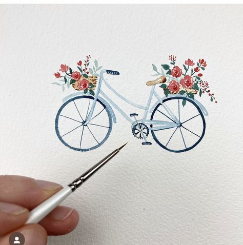 Watercolor Bike With Flowers, Painting Idea Simple, Watercolor Bicycle, Watercolor Bike, Graphite Painting, Bike Painting, Bicycle With Flowers, Bicycle Drawing, Bicycle Illustration