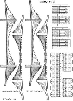 Brooklyn Bridge Paper Model - FREE Paper Toys and Models at PaperToys.com The Brooklyn Bridge is a suspension bridge (built 1869-83) across the East River from Brooklyn to Manhattan. This was the first bridge to use steel cables. The length of the main span is 1595 ft. (486 meters) Paper Bridge, 3d Templates, 3d Pen Art, Bridge Model, Cardboard Toys, Paper Toys Template, Paper Model, Paper Houses, 3d Paper