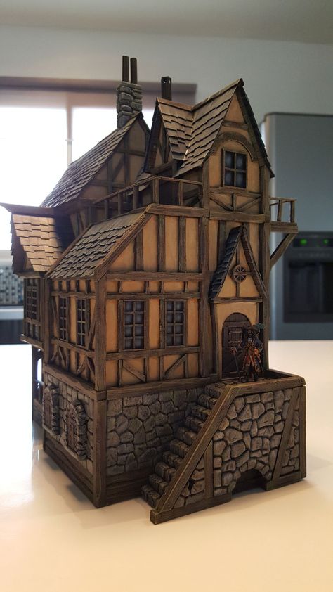 Mid Evil Houses, Medieval Home Exterior, Medival House Ideas, Midevil Building, Model Houses Miniatures, Maket House, Minecraft Medieval Library, Medieval Village House, Medieval Cabin