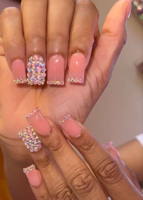 Short Nails Ideas Jewels, Nail Designs With Small Rhinestones, Short Nails Acrylic Diamonds, Nail Ideas With Rhinestones Square, French Tip Nails Real Nails, Boujie Nails Acrylic Short, Rhinestone Nail Designs Bling, Short Nail Designs With Bling, Cute Short Nails With Rhinestones