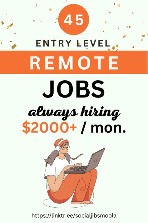 If you are looking for a remote job and not finding one, then do not worry. We have compiled a list of 45 entry level high paying remote jobs that pay over $2000 per month. Work From Home Careers, Work From Home Companies, Best Online Jobs, Legit Work From Home, Data Entry Jobs, Online Jobs From Home, Money Making Jobs, Online Work From Home, Social Media Jobs