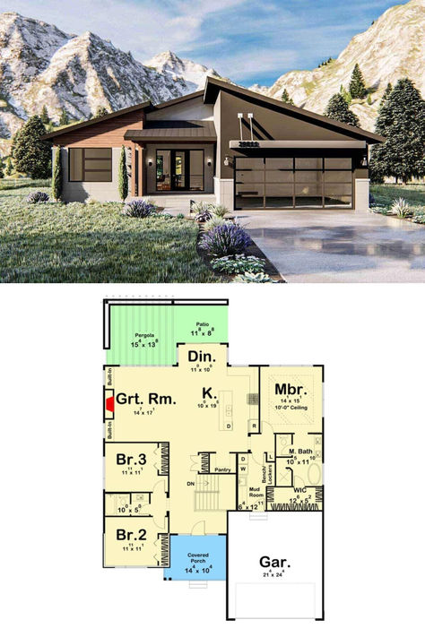 Single-Story 3-Bedroom Mid-Century Modern Home with Open Floor Plan and Double Garage (Floor Plan) Modern House Design Single Floor, Mid Century Modern Floor Plans, Mid Century House Plans, Mid Century Modern House Plans, Single Floor House Design, Modern House Floor Plans, Modern Floor Plans, Gambrel Roof, Mansion Floor Plan