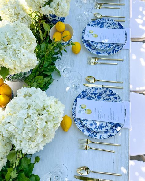 Event Planner | Design is essential for all of our events. So much thought goes into every item placed on the table + everywhere else but for now let’s… | Instagram Blue White Yellow Tablescape, White And Gold Bridal Party, Capri Baby Shower Theme, Mediterranean Themed Wedding, Amalfi Tablescape, Italian Table Scape, Lemon Dinner Party, Positano Theme Party, Positano Party