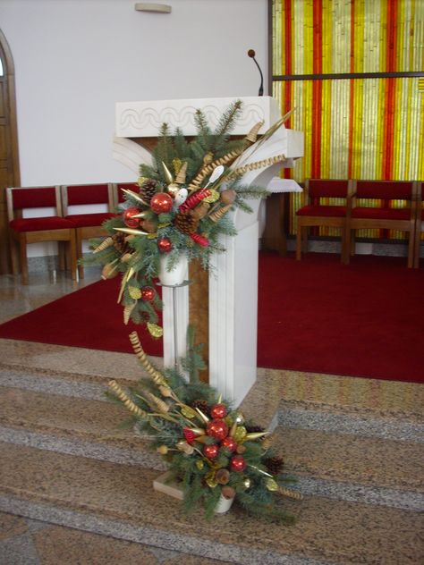 How To Decorate Church For Christmas, Pulpit Christmas Decorations, Chapel Christmas Decorations, Altar Christmas Decorations, Church Sanctuary Christmas Decor, Christmas Altar Decorations Church, Christmas Decor For Church, Church Christmas Decorations Stage, Church Christmas Decorations Lobby