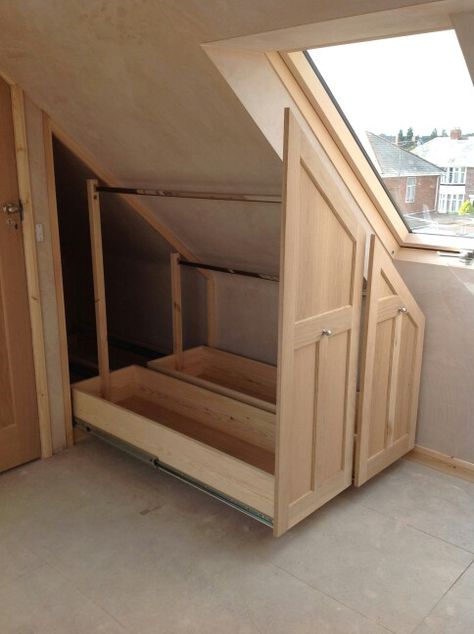 Pull out wardrobe http://www.atticdesigns.co.uk Pull Out Stair Storage, Loft Room Storage Ideas, Pull Out Coat Storage, Pull Out Closet Storage, Attic Door Ideas Pull Down, Attic Cupboards, Loft Wardrobe Ideas, Loft Storage Ideas, Pull Out Closet