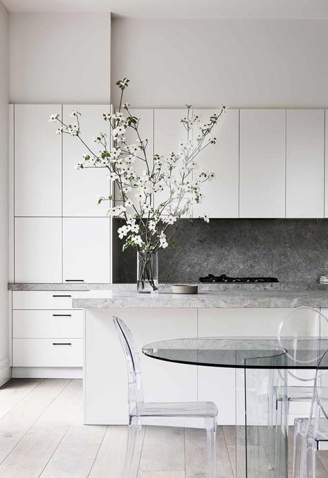 A joint effort between the stylist owner and architect of this Melbourne home has produced a spectacular meeting of styles 120 years apart. Grey Splashback, Modern Industrial Kitchen, French Oak Flooring, Acrylic Chair, Gray And White Kitchen, Road House, Stone Backsplash, Happy Kitchen, Melbourne House